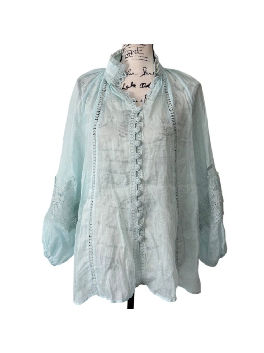 Benaar Womens Size M/L Top Blouse Light Blue Sheer Button-Up Lace-Details NEW